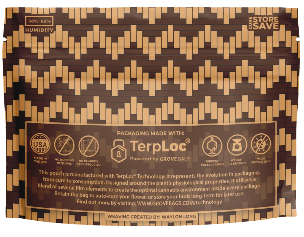 Back of custom Grove Bag crediting weaving design by Waylon Long